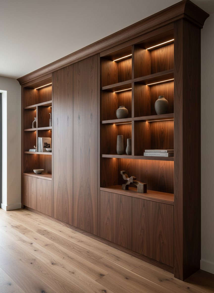A luxurious custom-built living room wall unit crafted from rich walnut veneer with seamless, handleless cabinetry and integrated open shelves, showcasing subtle grain patterns. The unit spans from floor to ceiling in a spacious modern villa interior, set against a smooth off-white wall and warm oak flooring. Indirect LED strips run along the shelves and under the top cornice, combining with soft afternoon daylight from a large unseen window to create gentle highlights on the wood. The mood is sophisticated and calm, emphasizing craftsmanship and precision. Photographed at eye level with a slightly wide angle, sharp focus throughout, and a clean, minimalist, photographic realism style suitable for a premium interior design portfolio.