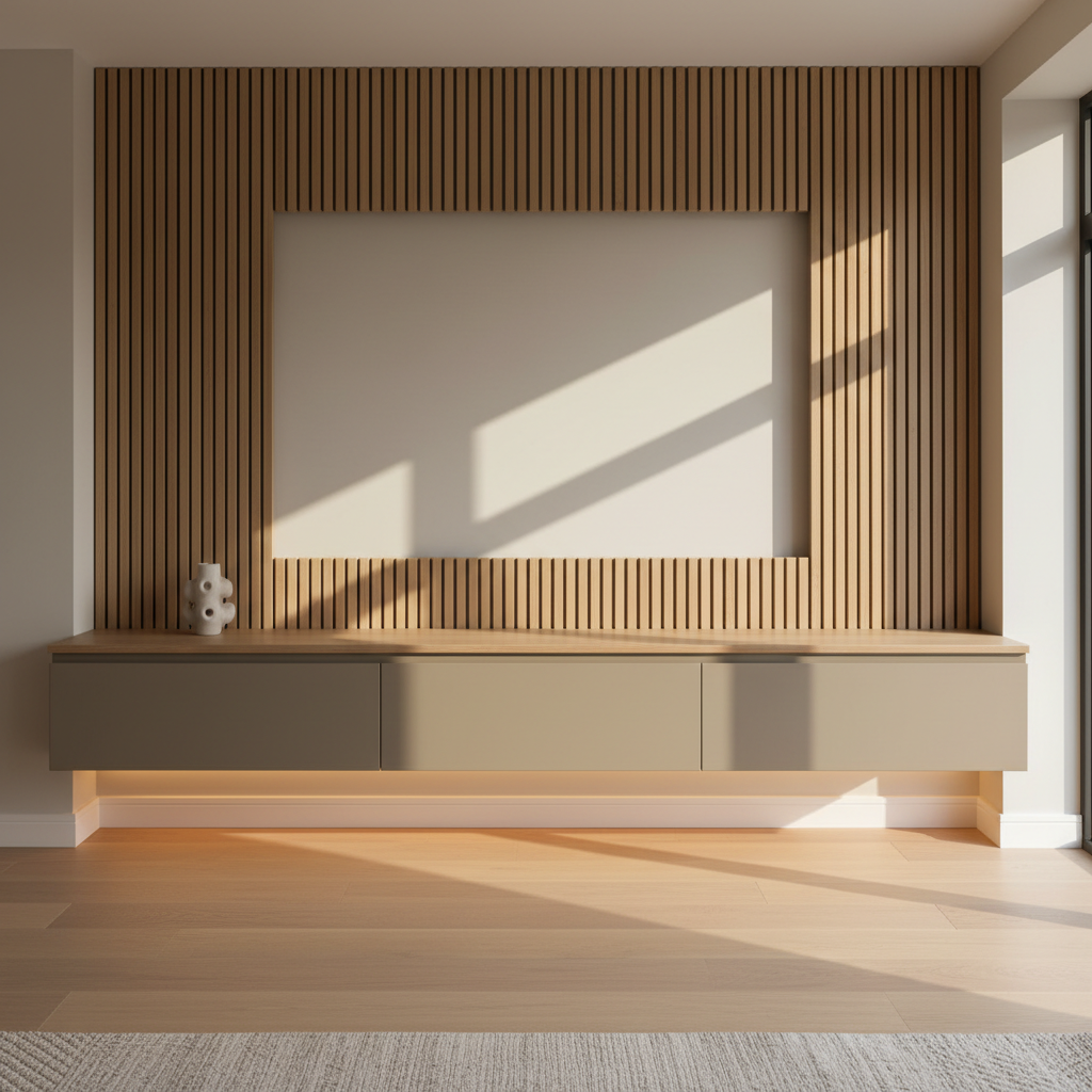 A bespoke wall-mounted media unit in a minimalist living space, combining matte-painted handleless cabinets in warm greige with a floating, low solid oak console and a vertical slatted wood panel that frames a large, blank TV area. The unit appears to hover above a continuous light oak floor, with a discrete LED line hidden beneath the console casting a soft glow on the floor and wall. Daylight from a right-side window creates gentle, directional shadows that reveal the rhythm of the slats and the smooth cabinet fronts. The atmosphere is calm, modern, and meticulously organized. Photographed straight-on with precise symmetry, in high-resolution photographic realism, ideal for illustrating custom living room furniture solutions for premium residences.