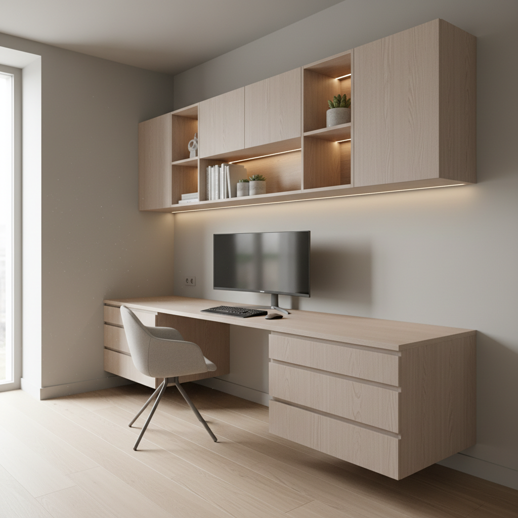 A serene home office corner featuring a custom-built wall-to-wall desk in light ash veneer with a thin, floating appearance, seamlessly integrated drawers, and a matching overhead storage system with vertical rhythm created by alternating open niches and closed cabinets. The ensemble is set against a soft greige wall with a continuous, pale oak plank floor beneath. Natural daylight enters from a tall side window, combined with a concealed LED strip under the upper cabinets, casting a subtle wash of light across the desk surface. The overall mood is focused and orderly, perfect for creative work. Captured at eye level with a slightly off-center composition, shallow depth of field gently softening the far edges, in a clean, modern photographic realism style suitable for a premium custom furniture catalogue.