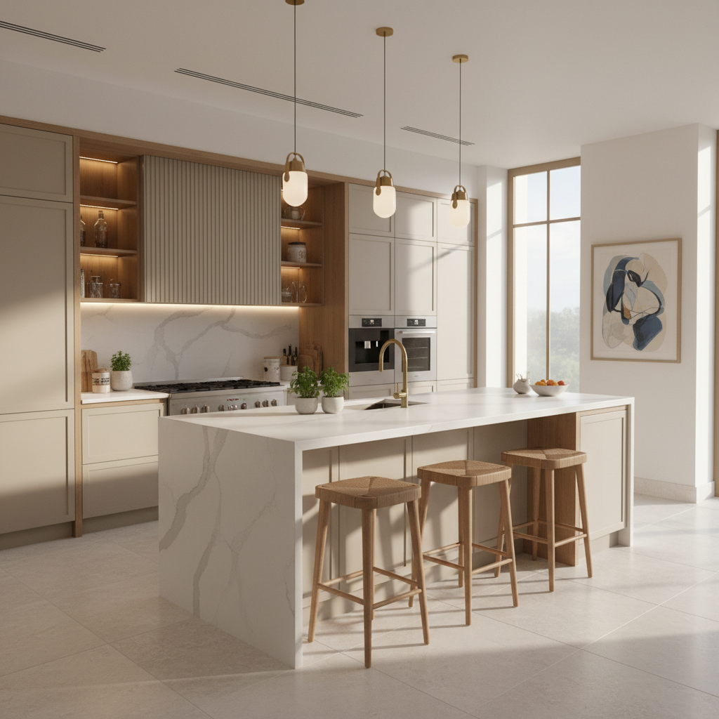 A refined custom kitchen in a high-end Turkish villa, featuring flat-panel cabinets in matte sand-beige lacquer paired with natural oak accents and a large central island with a waterfall quartz countertop in soft white with subtle veining. Integrated handle profiles and perfectly aligned cabinet gaps highlight precise craftsmanship. The kitchen opens onto a bright space with large-format porcelain tile flooring in a light stone look. Morning sunlight streams in from tall windows behind the camera, mingling with warm under-cabinet LEDs to produce soft reflections on the quartz and gentle shadows along the cabinet fronts. The mood is bright, welcoming, and professional. Captured from a slightly elevated wide-angle view in photographic realism, emphasizing spatial planning and custom joinery details.