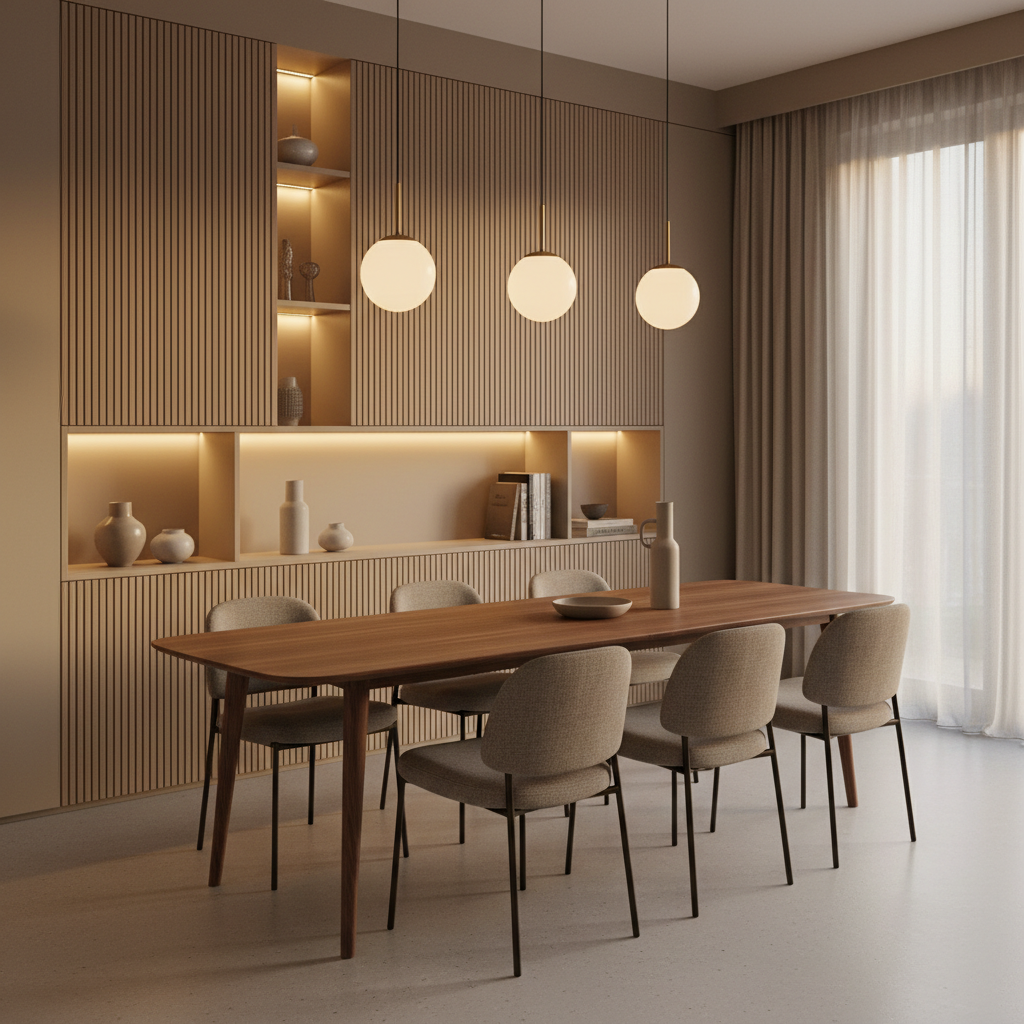 An elegant custom dining area installation in a contemporary apartment, featuring a long, slim-profile solid walnut dining table with gently rounded corners and tapered legs, complemented by a full-height built-in sideboard with fluted oak doors and integrated ambient lighting in its open niches. The setting includes smooth microcement flooring and a calm, taupe-painted wall. Warm pendant lighting hovers above the table, combining with soft evening ambient light from an adjacent window to create a cozy glow and pronounced yet gentle shadows. The mood is intimate and refined, ideal for showcasing tailored residential interiors. Shot at eye level using the rule of thirds, background slightly softened for depth, in clean, modern photographic realism that emphasizes custom craftsmanship and timeless design.
