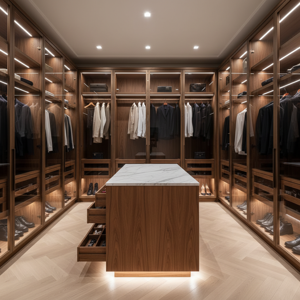 A highly detailed bespoke walk-in wardrobe system designed for a luxury villa, with full-height floor-to-ceiling modules in warm smoked oak, featuring glass-fronted doors with slim bronze frames, integrated LED strip lighting along each shelf, and velvet-lined accessory drawers slightly open to reveal their precision fittings. The wardrobe is installed on a pale herringbone oak floor, with a central custom island containing additional storage and a subtly illuminated plinth. Soft, even lighting combines warm integrated LEDs with indirect ceiling cove light, creating a serene, gallery-like atmosphere that emphasizes textures and finishes. Captured from a wide-angle viewpoint looking into the room, sharp focus throughout, photographic realism, showcasing organized, high-end custom cabinetry and meticulous interior architecture.